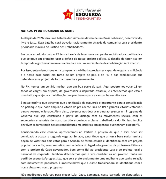 FOGO NO PARQUINHO: Corrente de Natália Bonavides no PT descarta candidatura de Rafael Motta e empareda governadora Fátima